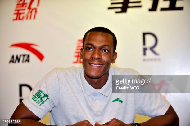 Player Rajon Rondo of the Boston Celtics attends a press conference at an Anta Store on August 25, 2014 in Beijing, China.
