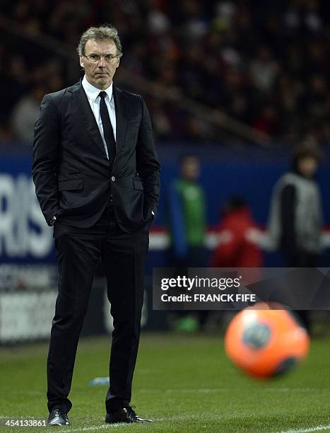 Paris Saint-Germain's coach Laurent Blanc looks on during the French L1 football match between Paris Saint-Germain and Sochaux at the Parc des...