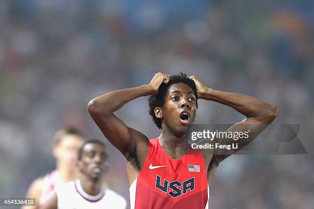 Myles Marshall of the United States celebrates winning the Men's 800m Final of Nanjing 2014 Summer Youth Olympic Games at the Nanjing Olympic Sports...