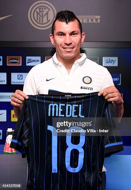 Gary Medel is presented as new signing for FC Internazionale Milano during press conference at Appiano Gentile on August 25, 2014 in Como, Italy.