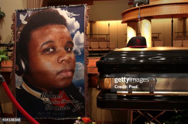 The casket of Michael Brown sits inside Friendly Temple Missionary Baptist Church awaiting the start of his funeral on August 25, 2014 in St. Louis...