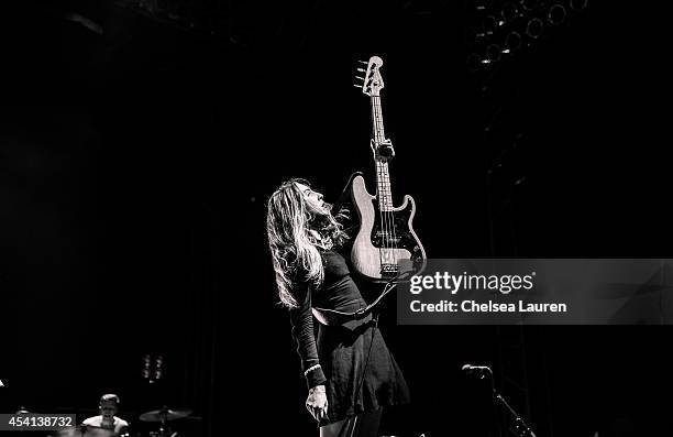 Musician Este Haim of Haim performs during day 2 of FYF Fest at Los Angeles Sports Arena on August 24, 2014 in Los Angeles, California.