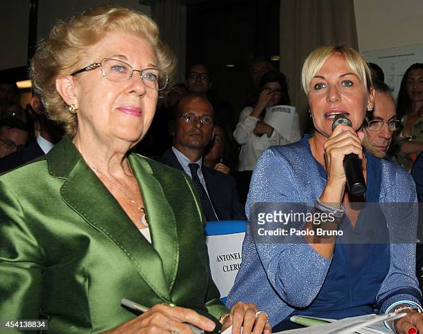 AnnaMaria Tarantola President of Italian Television and Antonella Clerici attend the 'Inter-religious match for Peace' press conference on August 25,...
