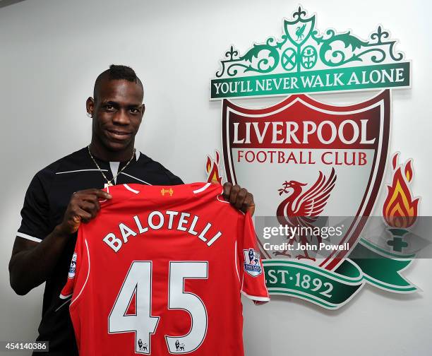 Liverpool unveil their new signing Mario Balotelli at Melwood on August 25, 2014 in Liverpool, England.