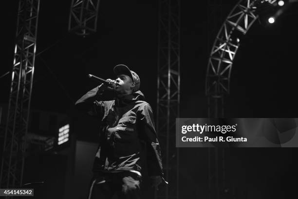 Earl Sweatshirt performs onstage at LA Sports Arena & Exposition Park on August 24, 2014 in Los Angeles, California.