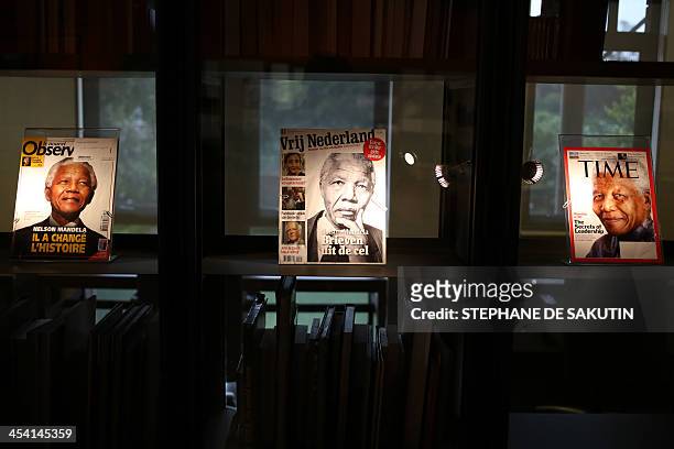 View of magazine's front pages showing South African former president Nelson displayed at the Nelson Mandela Foundations Centre of Memory in...