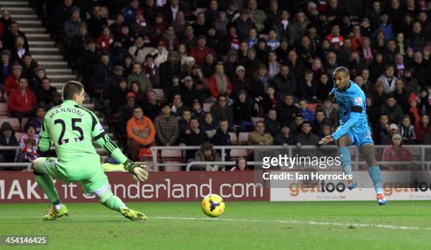 Jermain Defoe sees his shot beat Sunderland keeper Mannone but go wide of the post during the Barclays Premier League match between Sunderland and...