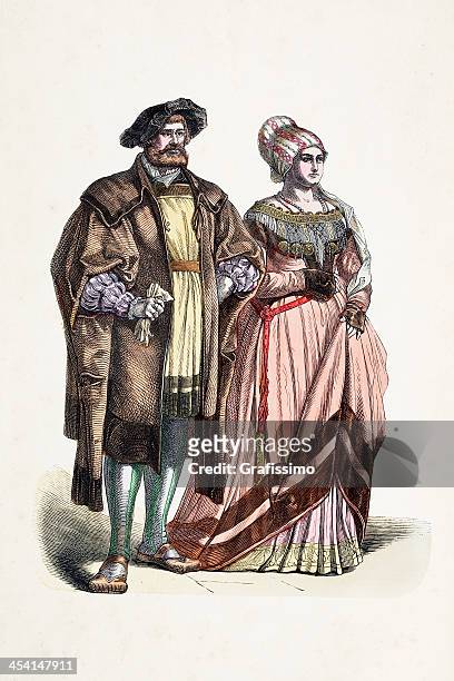 bildbanksillustrationer, clip art samt tecknat material och ikoner med aristocratic german couple in traditional clothing from 16th century - bonnet