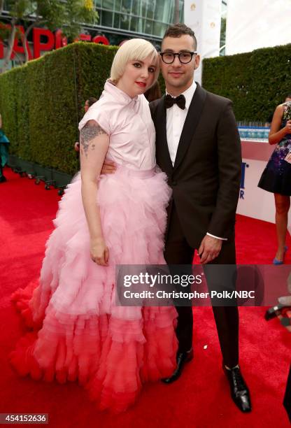 66th ANNUAL PRIMETIME EMMY AWARDS -- Pictured: Actress Lena Dunham and recording artist Jack Antonoff arrive to the 66th Annual Primetime Emmy Awards...