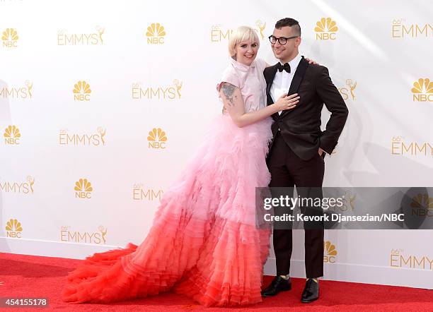 66th ANNUAL PRIMETIME EMMY AWARDS -- Pictured: Actress Lena Dunham and musician Jack Antonoff arrive to the 66th Annual Primetime Emmy Awards held at...