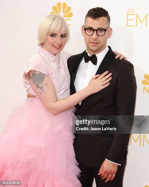 Actress Lena Dunham and Jack Antonoff attend the 66th annual Primetime Emmy Awards at Nokia Theatre L.A. Live on August 25, 2014 in Los Angeles,...