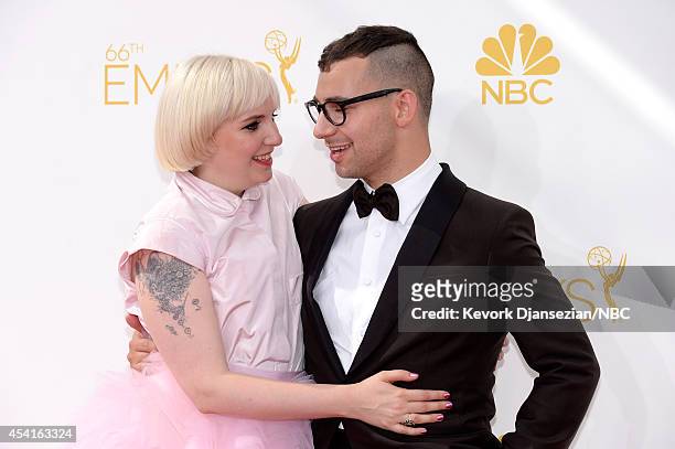 66th ANNUAL PRIMETIME EMMY AWARDS -- Pictured: Actress Lena Dunham and musician Jack Antonoff arrive to the 66th Annual Primetime Emmy Awards held at...