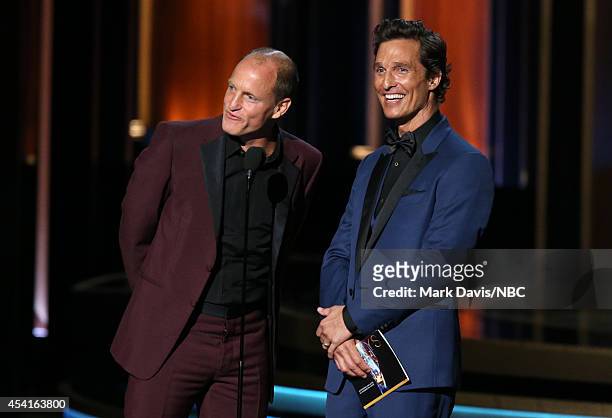 66th ANNUAL PRIMETIME EMMY AWARDS -- Pictured: Actors Woody Harrelson and Matthew McConaughey speak on stage during the 66th Annual Primetime Emmy...