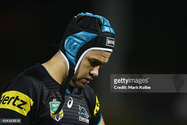 Jamie Soward of the Panthers looks dejected after their defeat during the round 24 NRL match between the Penrith Panthers and the Melbourne Storm at...