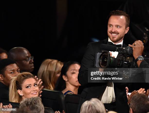 Actor Aaron Paul in the audience at the 66th Annual Primetime Emmy Awards held at Nokia Theatre L.A. Live on August 25, 2014 in Los Angeles,...