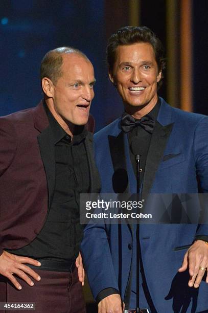 Actors Woody Harrelson and Matthew McConaughey speak onstage at the 66th Annual Primetime Emmy Awards held at Nokia Theatre L.A. Live on August 25,...