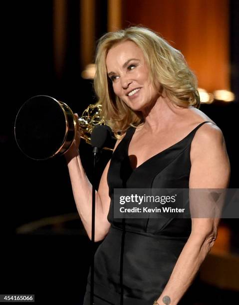 Actress Jessica Lange accepts Outstanding Lead Actress in a Miniseries or Movie for 'American Horror Story: Coven' onstage at the 66th Annual...