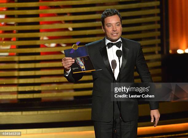 Comedian Jimmy Fallon speaks onstage at the 66th Annual Primetime Emmy Awards held at Nokia Theatre L.A. Live on August 25, 2014 in Los Angeles,...
