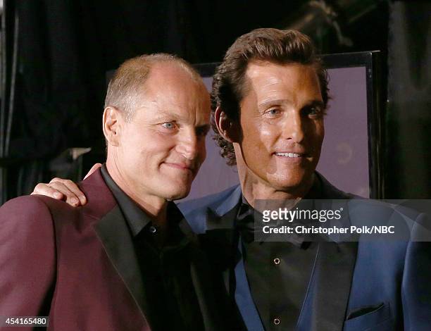 66th ANNUAL PRIMETIME EMMY AWARDS -- Pictured: Actors Woody Harrelson and Matthew McConaughey attend the 66th Annual Primetime Emmy Awards held at...