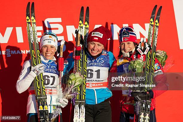 Charlotte Kalla of Sweden, Justyna Kowalczyk of Poland and Marit Bjoergen of Norway pose on the podium during the FIS Cross-Country World Cup Women's...