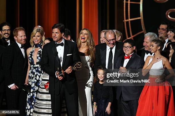 66th ANNUAL PRIMETIME EMMY AWARDS -- Pictured: Writer/producer Steven Levitan and fellow 'Modern Family' representatives accept the Outstanding...