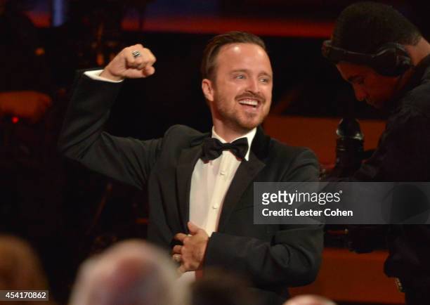 Actor Aaron Paul appears at the 66th Annual Primetime Emmy Awards held at Nokia Theatre L.A. Live on August 25, 2014 in Los Angeles, California.