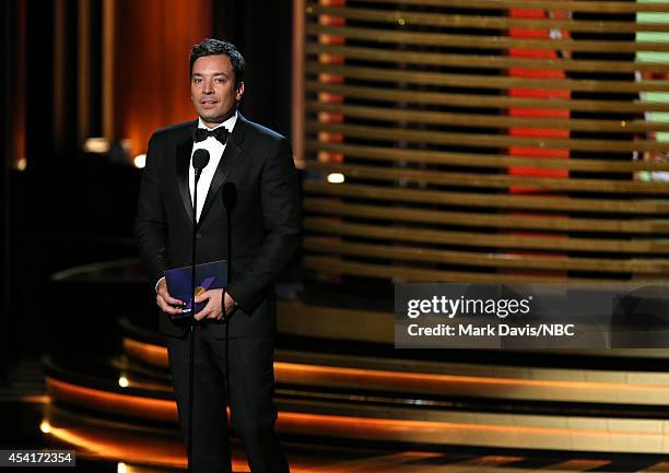 66th ANNUAL PRIMETIME EMMY AWARDS -- Pictured: TV personality Jimmy Fallon speaks on stage during the 66th Annual Primetime Emmy Awards held at the...