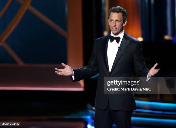 66th ANNUAL PRIMETIME EMMY AWARDS -- Pictured: Host Seth Meyers speaks on stage during the 66th Annual Primetime Emmy Awards held at the Nokia...