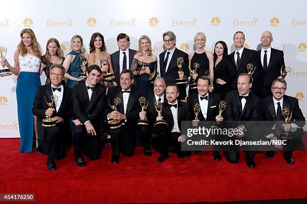 66th ANNUAL PRIMETIME EMMY AWARDS -- Pictured: Actress Anna Gunn, co-executive producer Melissa Bernstein, producer Diane Mercer, actress Betsey...