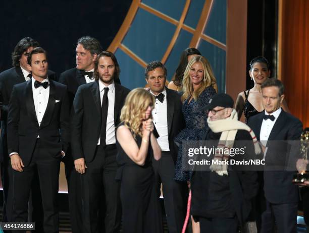 66th ANNUAL PRIMETIME EMMY AWARDS -- Pictured: Actor Matt Bomer, producer Dede Gardner, actor Mark Ruffalo, actress Julia Roberts, and writer Larry...