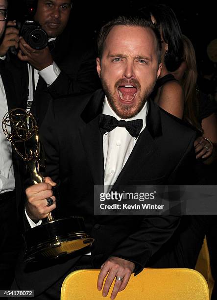 Actor Aaron Paul, winner of Outstanding Supporting Actor in a Drama Series for 'Breaking Bad,' attends the 66th Annual Primetime Emmy Awards...