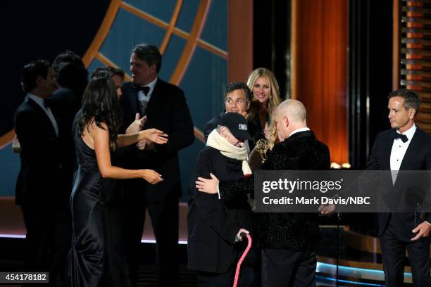 66th ANNUAL PRIMETIME EMMY AWARDS -- Pictured: Writer Larry Kramer, actor Mark Ruffalo, actress Julia Roberts, and writer/director Ryan Murphy accept...