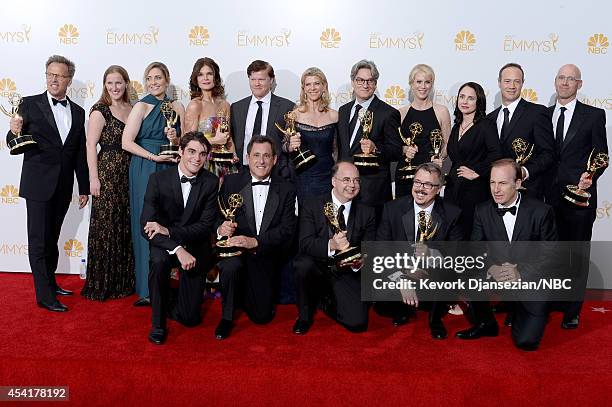 66th ANNUAL PRIMETIME EMMY AWARDS -- Pictured: Executive producer Mark Johnson, co-executive producer Melissa Bernstein, producer Diane Mercer,...