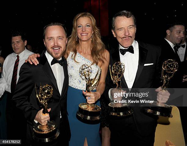 Actors Aaron Paul, winner of the award for Outstanding Supporting Actor in a Drama Series, Anna Gunn, winner of the award for Outstanding Supporting...