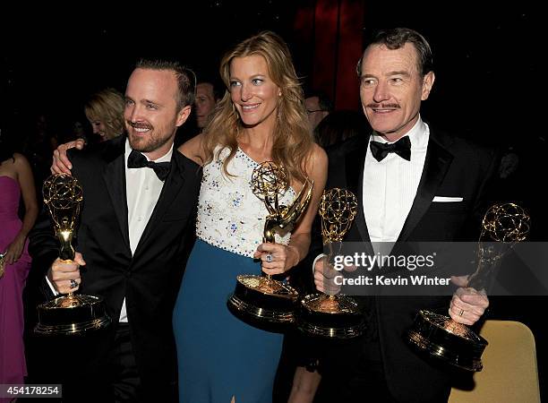 Actors Aaron Paul, winner of the award for Outstanding Supporting Actor in a Drama Series, Anna Gunn, winner of the award for Outstanding Supporting...