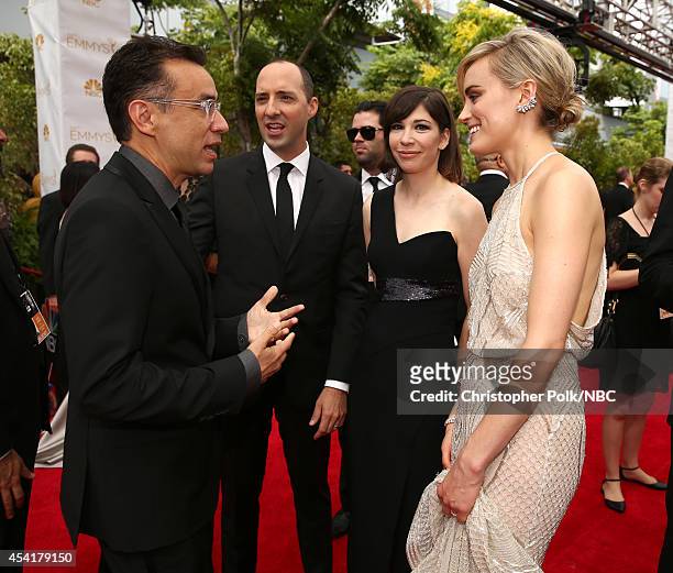 66th ANNUAL PRIMETIME EMMY AWARDS -- Pictured: Actors Fred Armisen, Tony Hale, Carrie Brownstein, and Taylor Schilling arrive to the 66th Annual...