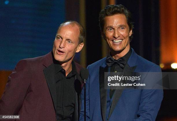 Actors Woody Harrelson and Matthew McConaughey speak onstage at the 66th Annual Primetime Emmy Awards held at Nokia Theatre L.A. Live on August 25,...