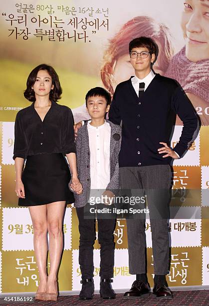 Song Hye-Kyo, Jo Seong-Mok and Gang Dong-Won attend the movie "My Brilliant Life" press premiere at Wangsimni CGV on August 21, 2014 in Seoul, South...