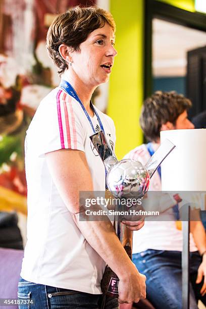 Head coach Maren Meinert attends the Germany U20 Women's Welcome Home Reception As World Champions at Frankfurt International Airport on August 26,...