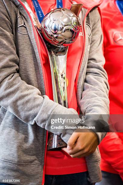 General view of the trophy during the Germany U20 Women's Welcome Home Reception As World Champions at Frankfurt International Airport on August 26,...