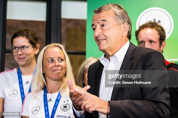 President Wolfgang Niersbach holds a speech during the Germany U20 Women's Welcome Home Reception As World Champions at Frankfurt International...