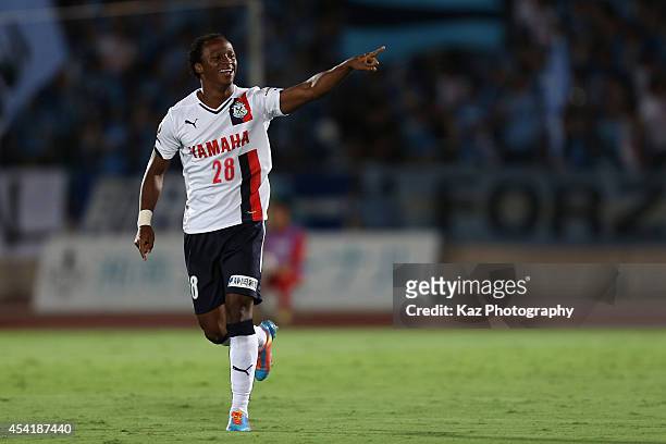 Tinga, whose real name is Luiz Otavio Santos de Araujo of Jubilo Iwata celebrates scoring his team's first goal during the J. League second division...