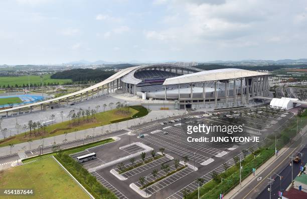 This general view shows the main stadium for the upcoming 2014 Asian Games in Incheon on August 26, 2014. The 2014 Asian Games will take place...