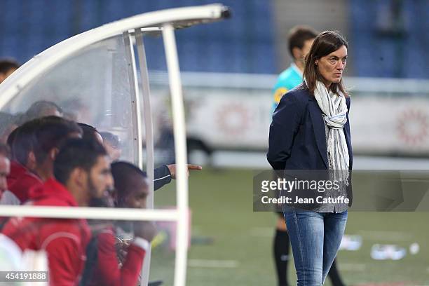 Corinne Diacre, first woman's coach in French professional football directs her team of Clermont Foot Auvergne during the french Ligue 2 match...