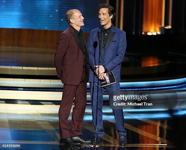 Woody Harrelson and Matthew McConaughey speak onstage during the 66th Annual Primetime Emmy Awards held at Nokia Theatre L.A. Live on August 25, 2014...