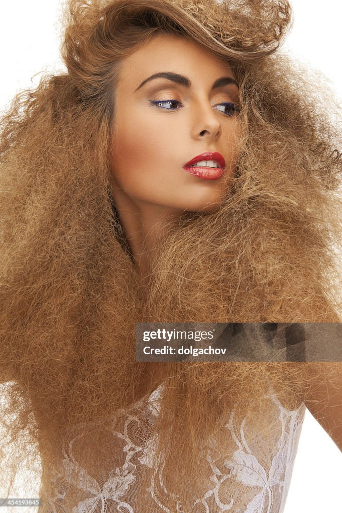 Woman with long curly hair