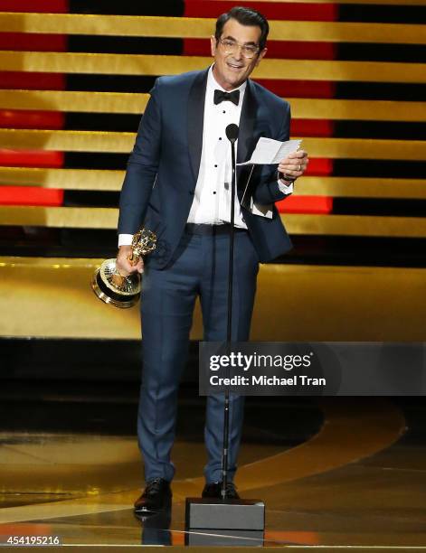 Ty Burrell speaks onstage during the 66th Annual Primetime Emmy Awards held at Nokia Theatre L.A. Live on August 25, 2014 in Los Angeles, California.