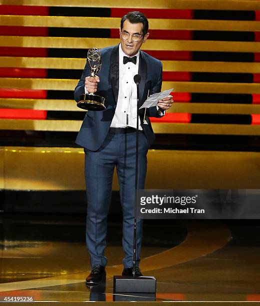 Ty Burrell speaks onstage during the 66th Annual Primetime Emmy Awards held at Nokia Theatre L.A. Live on August 25, 2014 in Los Angeles, California.
