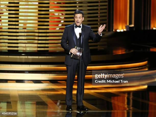 Jimmy Kimmel speaks onstage during the 66th Annual Primetime Emmy Awards held at Nokia Theatre L.A. Live on August 25, 2014 in Los Angeles,...