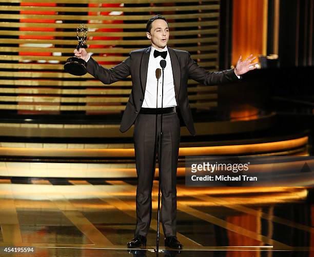 Jim Parsons speaks onstage during the 66th Annual Primetime Emmy Awards held at Nokia Theatre L.A. Live on August 25, 2014 in Los Angeles, California.